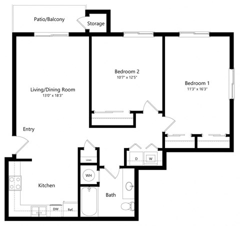 Floor plan for 2 beds, 1 bath, 996 sqft